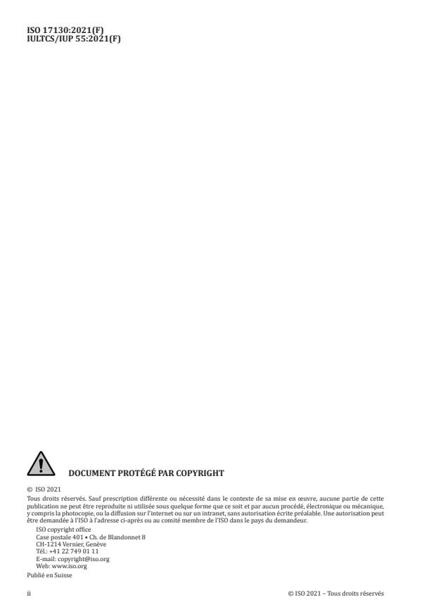 ISO 17130:2021 ISO 17130:2021 - Cuir -- Essais physiques et mécaniques -- Détermination des variations dimensionnelles - Page 2 preview