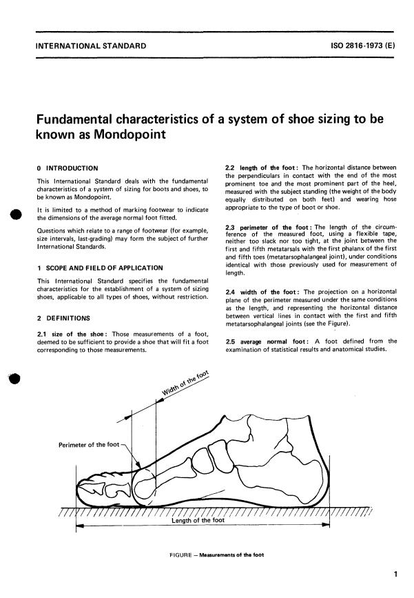 ISO 2816:1973 - Fundamental characteristics of a system of shoe sizing to be known as Mondopoint