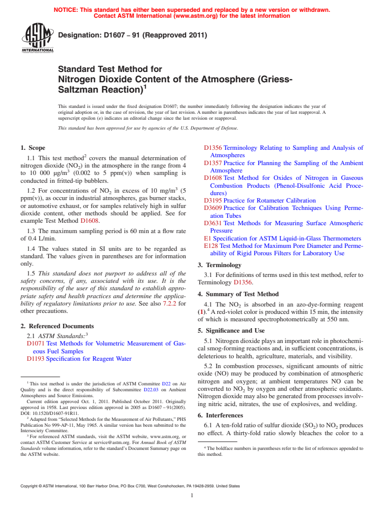 ASTM D1607-91(2011) - Standard Test Method for  Nitrogen Dioxide Content of the Atmosphere (Griess-Saltzman Reaction)