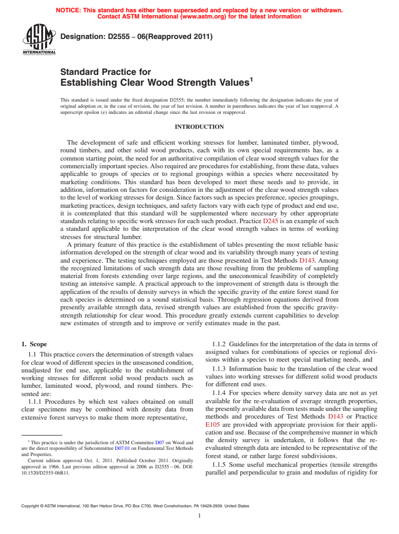 ASTM D2555-06(2011) - Standard Practice for Establishing Clear Wood Strength Values