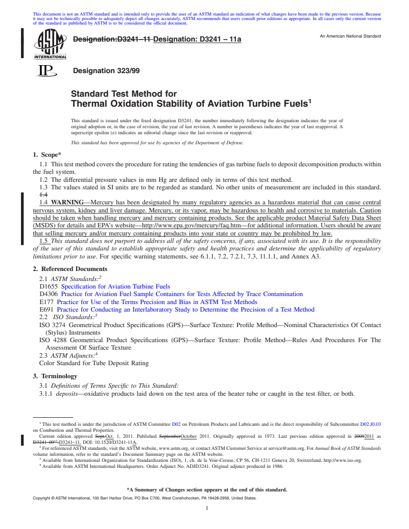 REDLINE ASTM D3241-11a - Standard Test Method for Thermal Oxidation Stability of Aviation Turbine Fuels