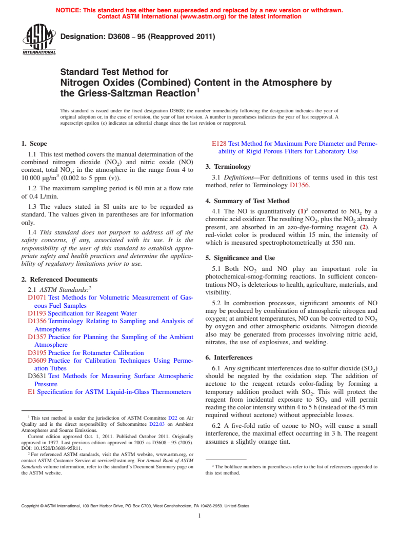 ASTM D3608-95(2011) - Standard Test Method for  Nitrogen Oxides (Combined) Content in the Atmosphere by the Griess-Saltzman Reaction