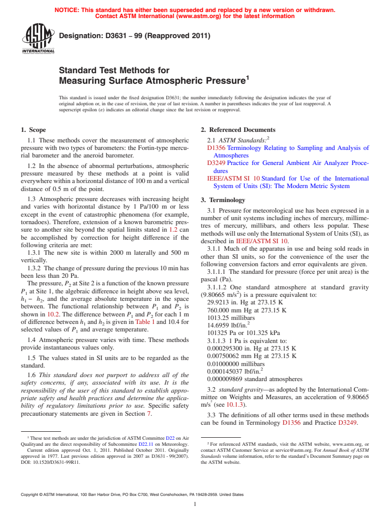 ASTM D3631-99(2011) - Standard Test Methods for Measuring Surface Atmospheric Pressure