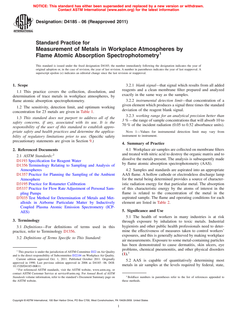 ASTM D4185-06(2011) - Standard Practice for  Measurement of Metals in Workplace Atmospheres by Flame Atomic Absorption Spectrophotometry