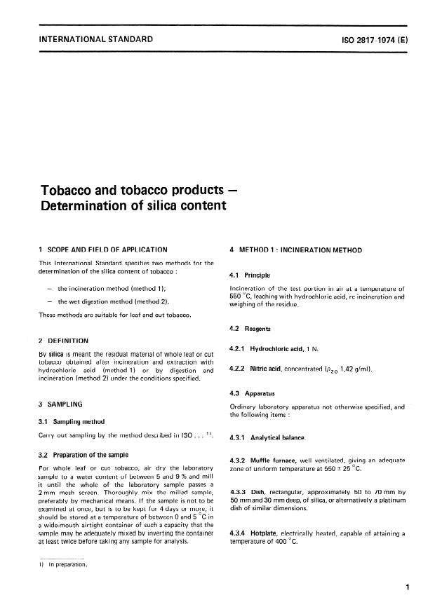 ISO 2817:1974 - Tobacco and tobacco products -- Determination of silica content