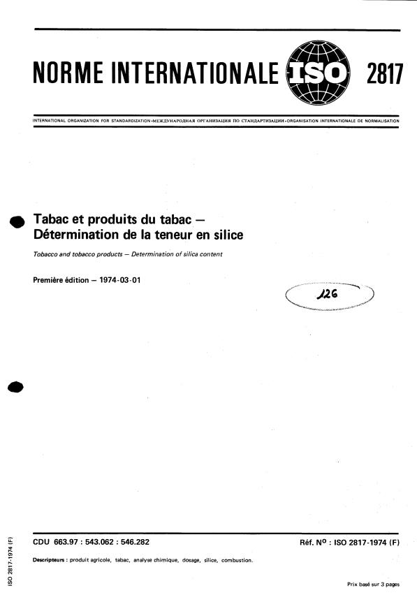 ISO 2817:1974 - Tabac et produits du tabac -- Détermination de la teneur en silice