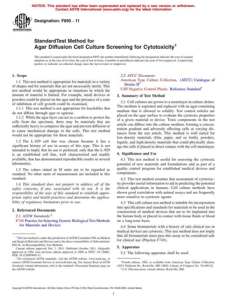 ASTM F895-11 - Standard Test Method for  Agar Diffusion Cell Culture Screening for Cytotoxicity