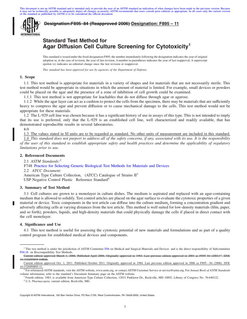 REDLINE ASTM F895-11 - Standard Test Method for  Agar Diffusion Cell Culture Screening for Cytotoxicity