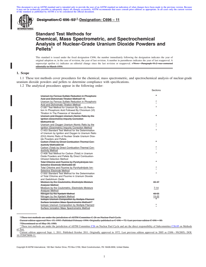 REDLINE ASTM C696-11 - Standard Test Methods for  Chemical, Mass Spectrometric, and Spectrochemical Analysis of Nuclear-Grade Uranium Dioxide Powders and Pellets