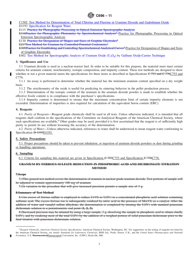 REDLINE ASTM C696-11 - Standard Test Methods for  Chemical, Mass Spectrometric, and Spectrochemical Analysis of Nuclear-Grade Uranium Dioxide Powders and Pellets