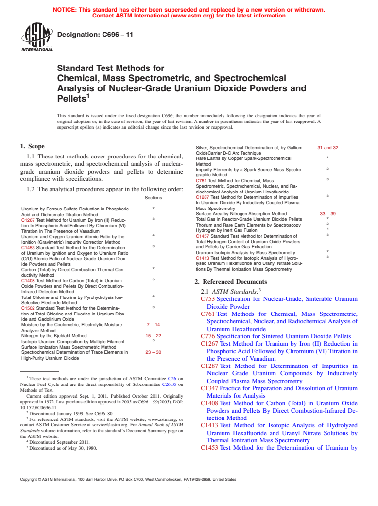 ASTM C696-11 - Standard Test Methods for  Chemical, Mass Spectrometric, and Spectrochemical Analysis of Nuclear-Grade Uranium Dioxide Powders and Pellets