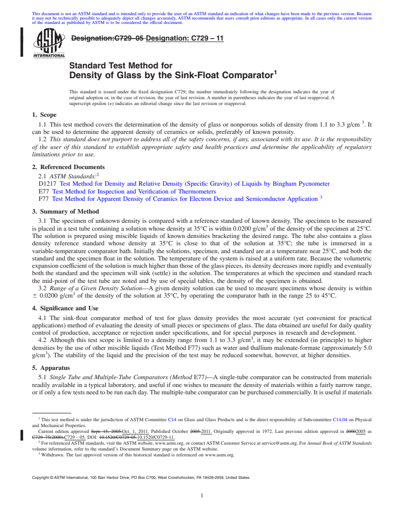 REDLINE ASTM C729-11 - Standard Test Method for  Density of Glass by the Sink-Float Comparator