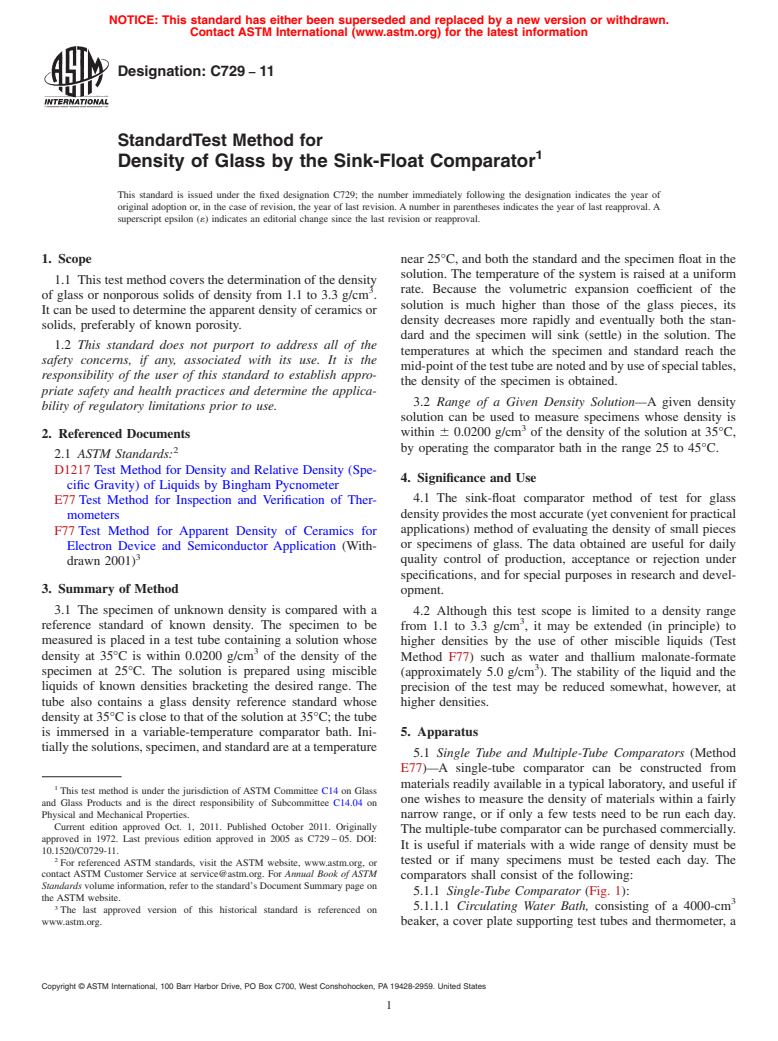 ASTM C729-11 - Standard Test Method for  Density of Glass by the Sink-Float Comparator