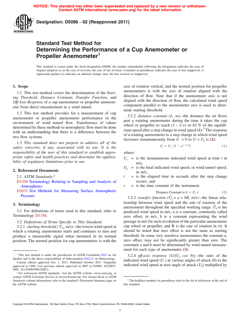 ASTM D5096-02(2011) - Standard Test Method for Determining the Performance of a Cup Anemometer or Propeller Anemometer