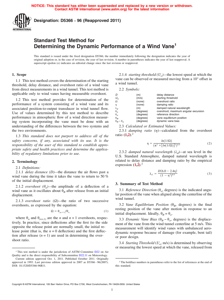 ASTM D5366-96(2011) - Standard Test Method for Determining the Dynamic Performance of a Wind Vane