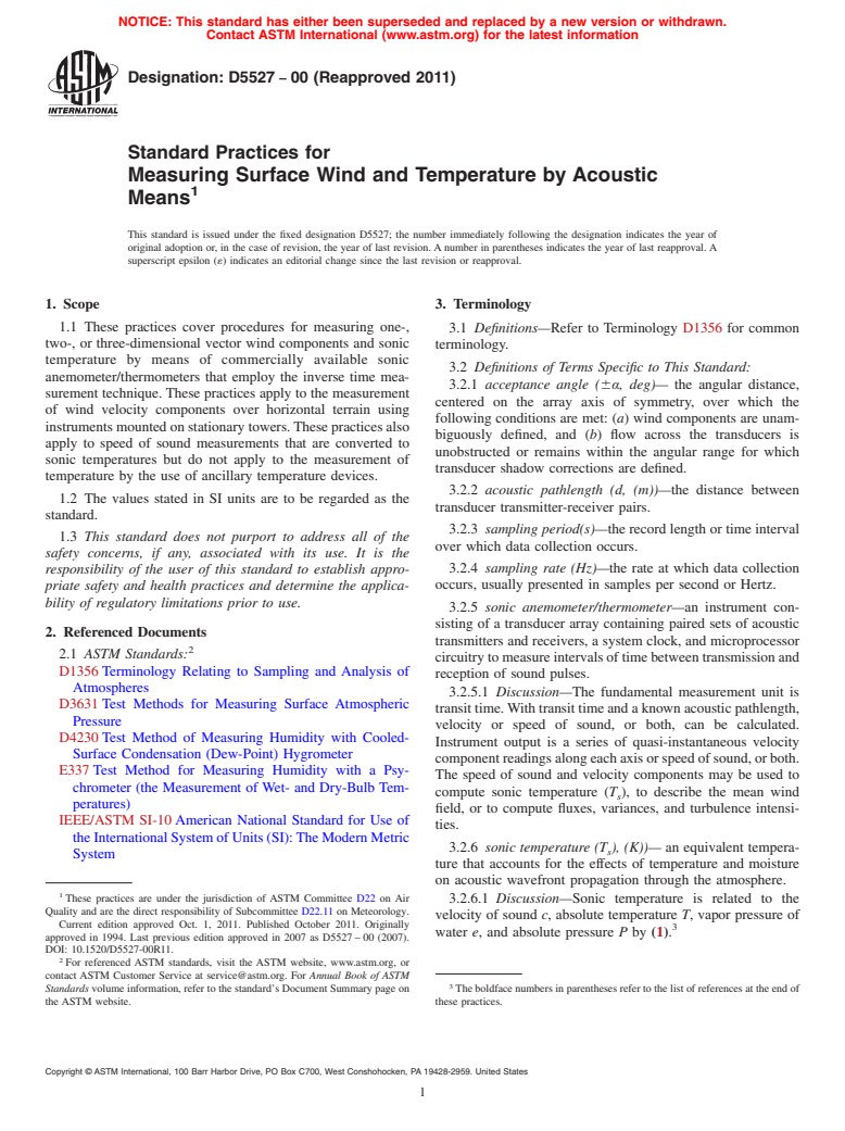 ASTM D5527-00(2011) - Standard Practices for  Measuring Surface Wind and Temperature by Acoustic Means