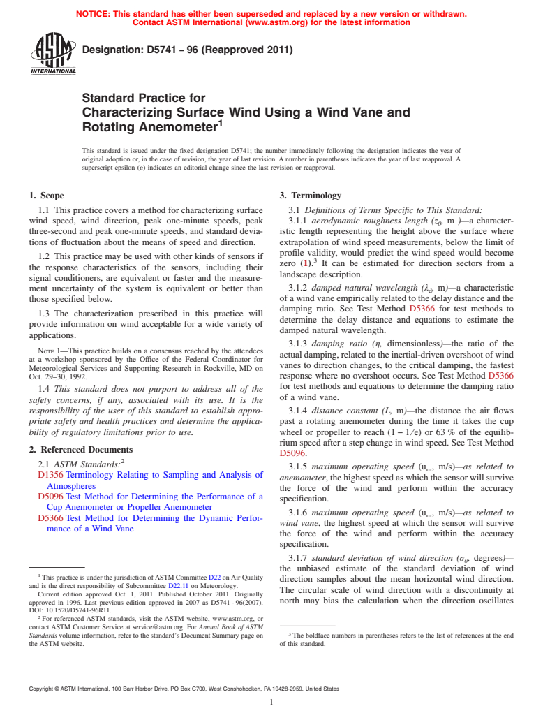 ASTM D5741-96(2011) - Standard Practice for  Characterizing Surface Wind Using a Wind Vane and Rotating Anemometer