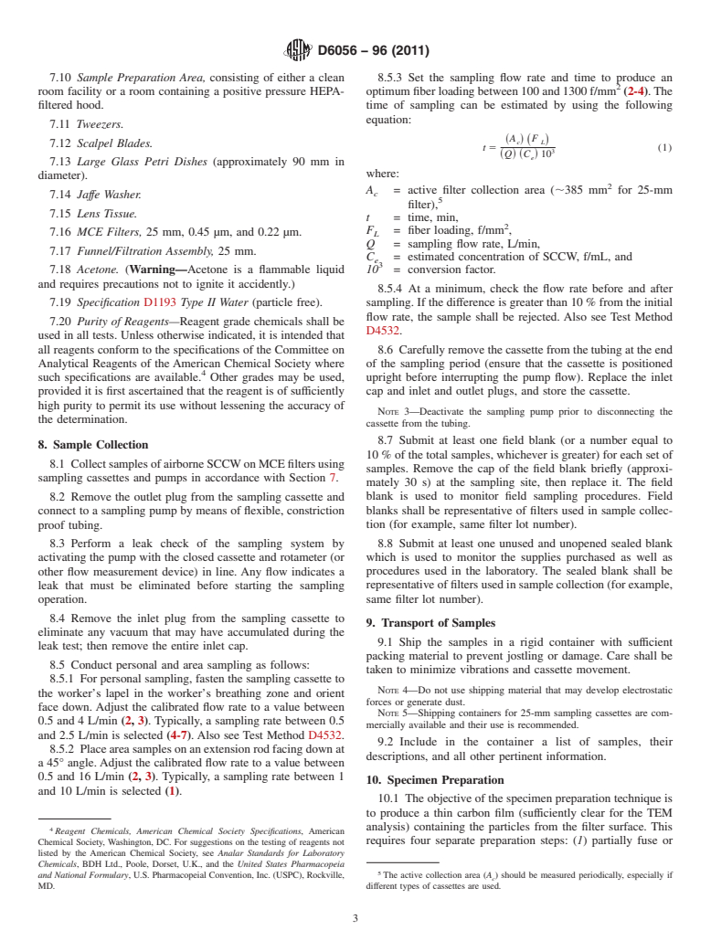 ASTM D6056-96(2011) - Standard Test Method for  Determining Concentration of Airborne Single-Crystal Ceramic Whiskers in the Workplace Environment by Transmission Electron Microscopy (Withdrawn 2020)