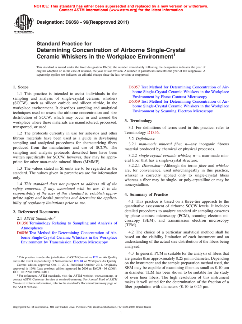 ASTM D6058-96(2011) - Standard Practice for  Determining Concentration of Airborne Single-Crystal Ceramic Whiskers in the Workplace Environment