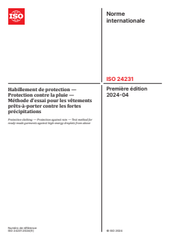 ISO 24231:2024 ISO 24231:2024 - Habillement de protection — Protection contre la pluie — Méthode d'essai pour les vêtements prêts-à-porter contre les fortes précipitations
Released:18. 04. 2024 - Page 1 preview