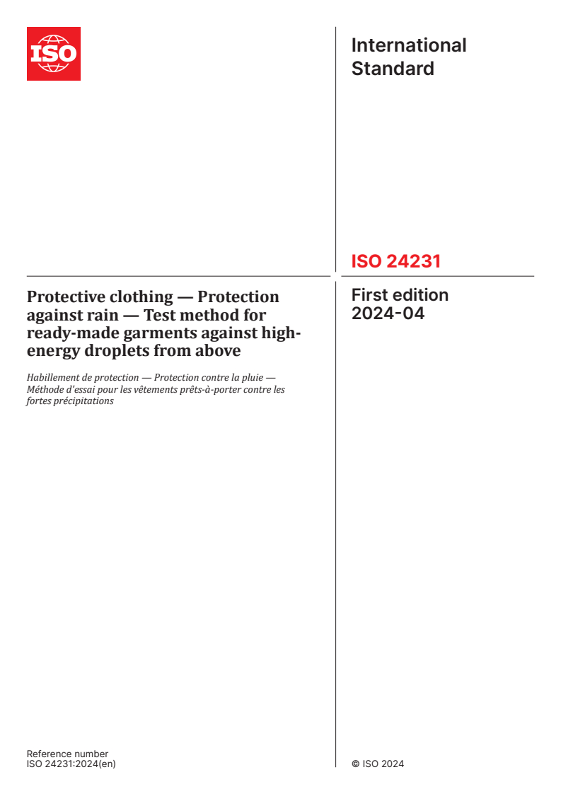ISO 24231:2024 - Protective clothing — Protection against rain — Test method for ready-made garments against high-energy droplets from above
Released:18. 04. 2024
