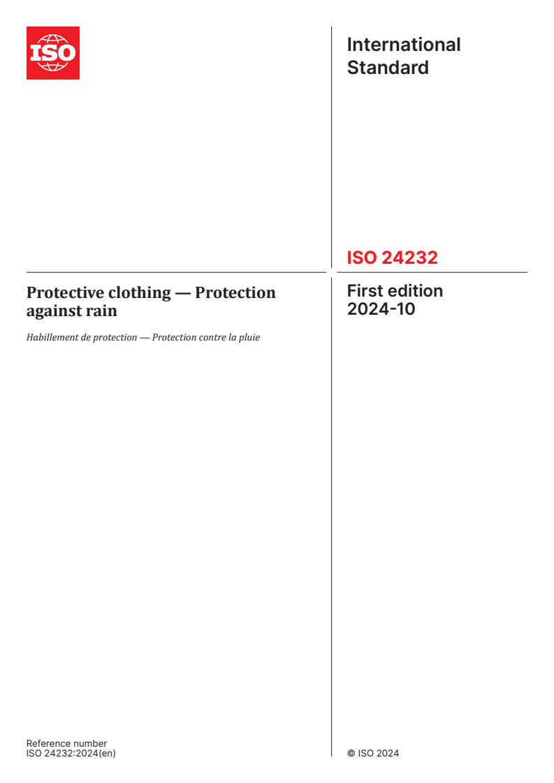 ISO 24232:2024 - Protective clothing — Protection against rain
Released:11. 10. 2024