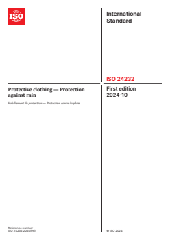 ISO 24232:2024 ISO 24232:2024 - Protective clothing — Protection against rain
Released:11. 10. 2024 - Page 1 preview