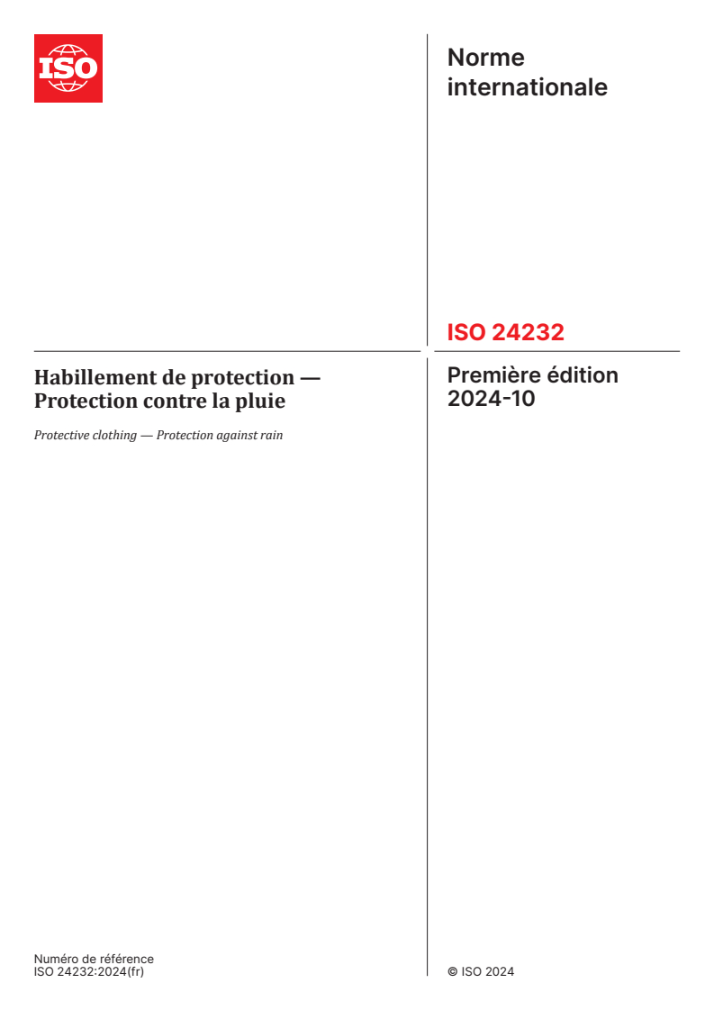 ISO 24232:2024 - Habillement de protection — Protection contre la pluie
Released:11. 10. 2024