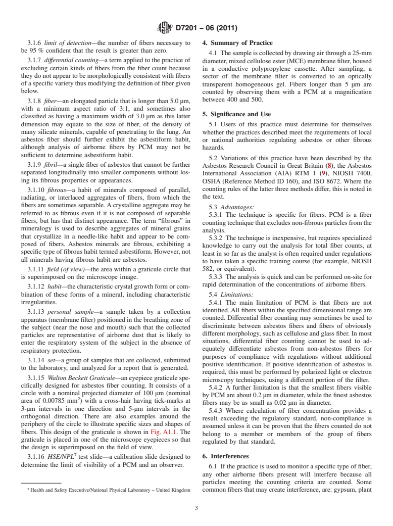 ASTM D7201-06(2011) - Standard Practice for Sampling and Counting Airborne Fibers, Including Asbestos Fibers, in the Workplace, by Phase Contrast Microscopy (with an Option of Transmission Electron Microscopy)