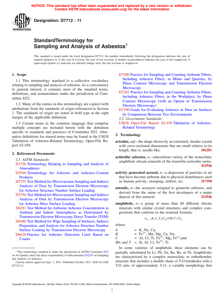 ASTM D7712-11 - Standard Terminology for Sampling and Analysis of Asbestos