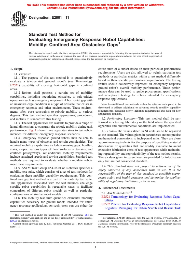 ASTM E2801-11 - Standard Test Method for Evaluating Emergency Response Robot Capabilities: Mobility: Confined Area Obstacles: Gaps