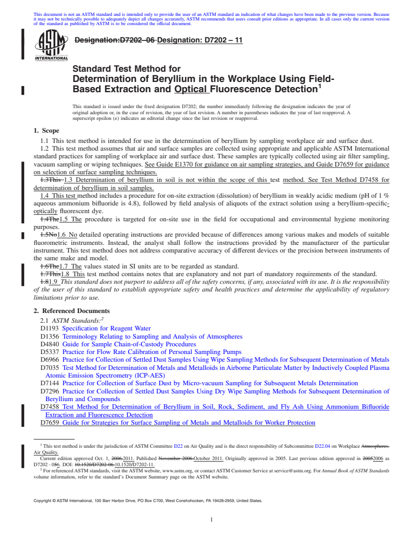 REDLINE ASTM D7202-11 - Standard Test Method for Determination of Beryllium in the Workplace Using Field-Based Extraction and Optical Fluorescence Detection