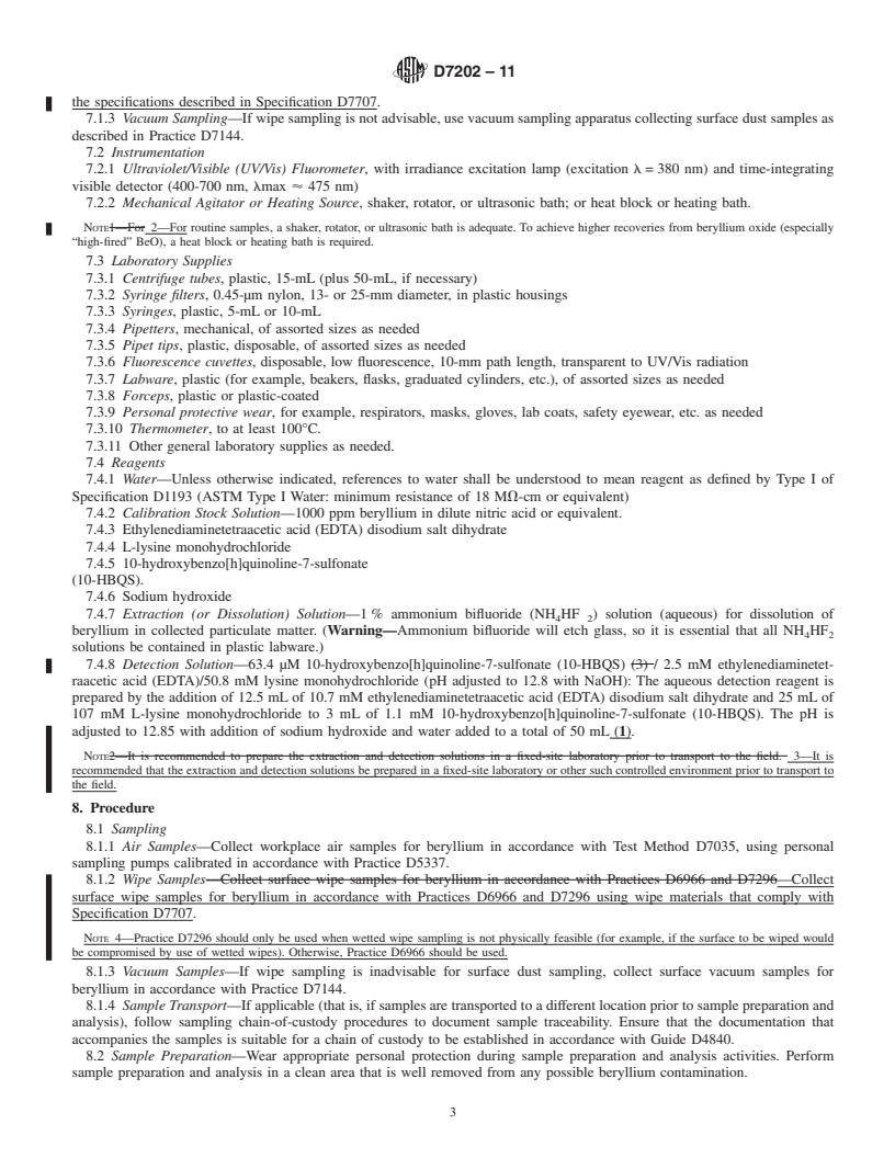 REDLINE ASTM D7202-11 - Standard Test Method for Determination of Beryllium in the Workplace Using Field-Based Extraction and Optical Fluorescence Detection