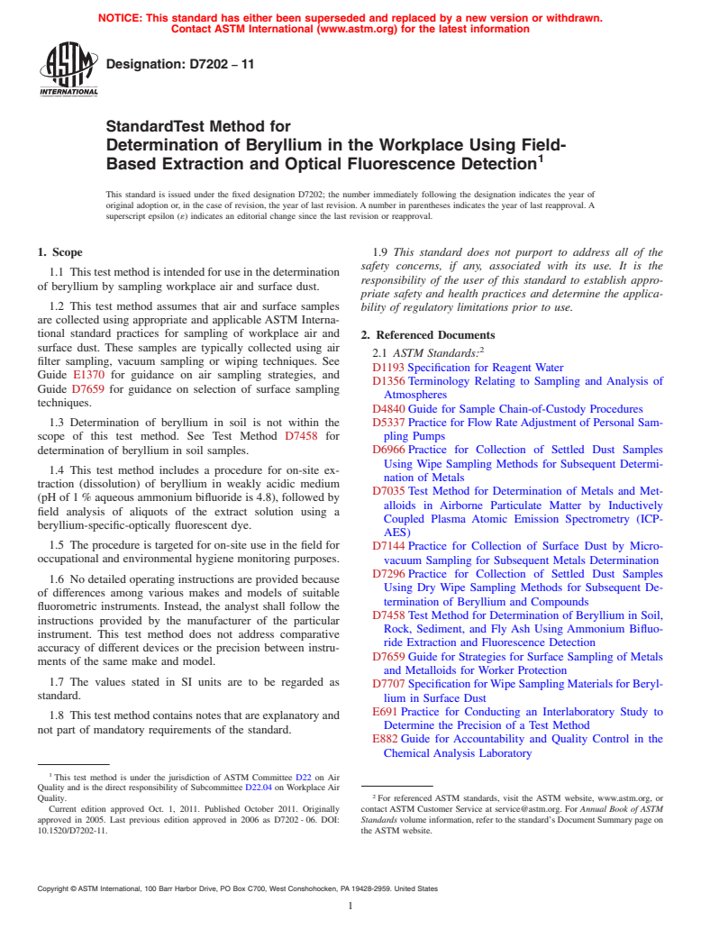 ASTM D7202-11 - Standard Test Method for Determination of Beryllium in the Workplace Using Field-Based Extraction and Optical Fluorescence Detection