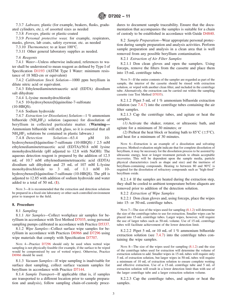 ASTM D7202-11 - Standard Test Method for Determination of Beryllium in the Workplace Using Field-Based Extraction and Optical Fluorescence Detection