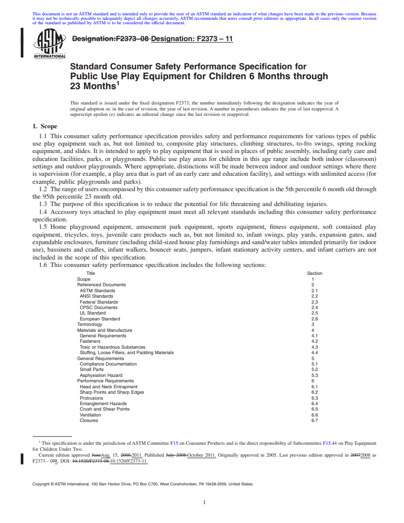 REDLINE ASTM F2373-11 - Standard Consumer Safety Performance Specification for Public Use Play Equipment for Children 6 Months through 23 Months