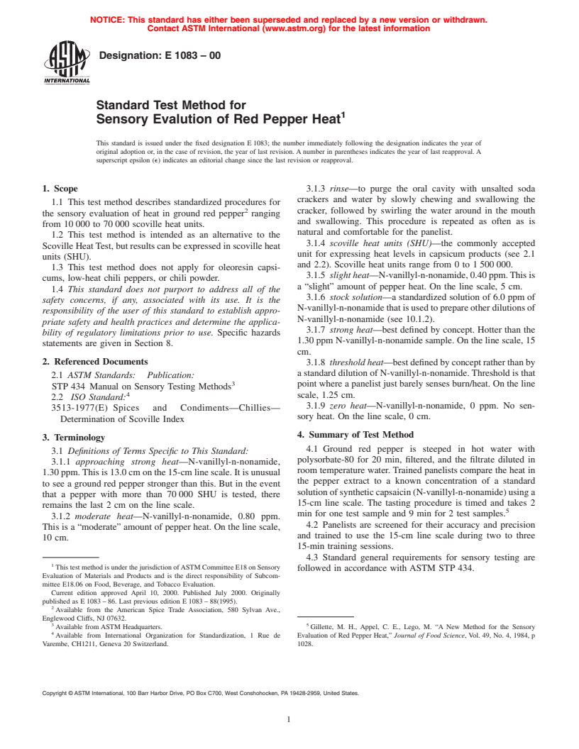 ASTM E1083-00 - Standard Test Method for Sensory Evalution of Red Pepper Heat