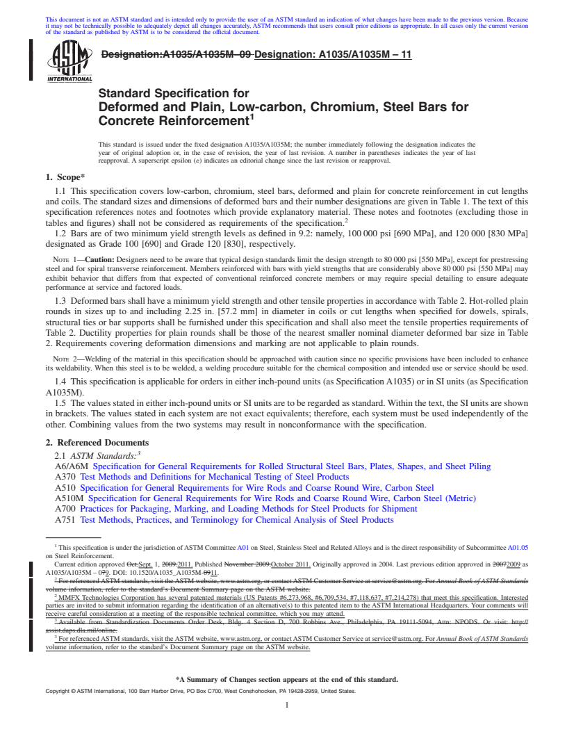 REDLINE ASTM A1035/A1035M-11 - Standard Specification for Deformed and Plain, Low-carbon, Chromium, Steel Bars for Concrete Reinforcement