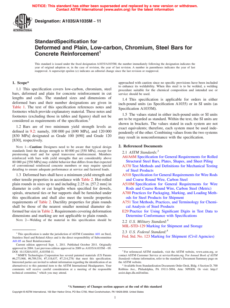 ASTM A1035/A1035M-11 - Standard Specification for Deformed and Plain, Low-carbon, Chromium, Steel Bars for Concrete Reinforcement