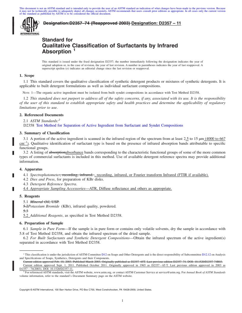 REDLINE ASTM D2357-11 - Standard for  Qualitative Classification of Surfactants by Infrared Absorption