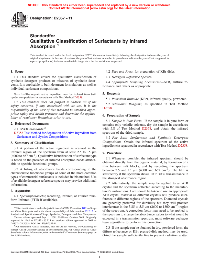 ASTM D2357-11 - Standard for  Qualitative Classification of Surfactants by Infrared Absorption