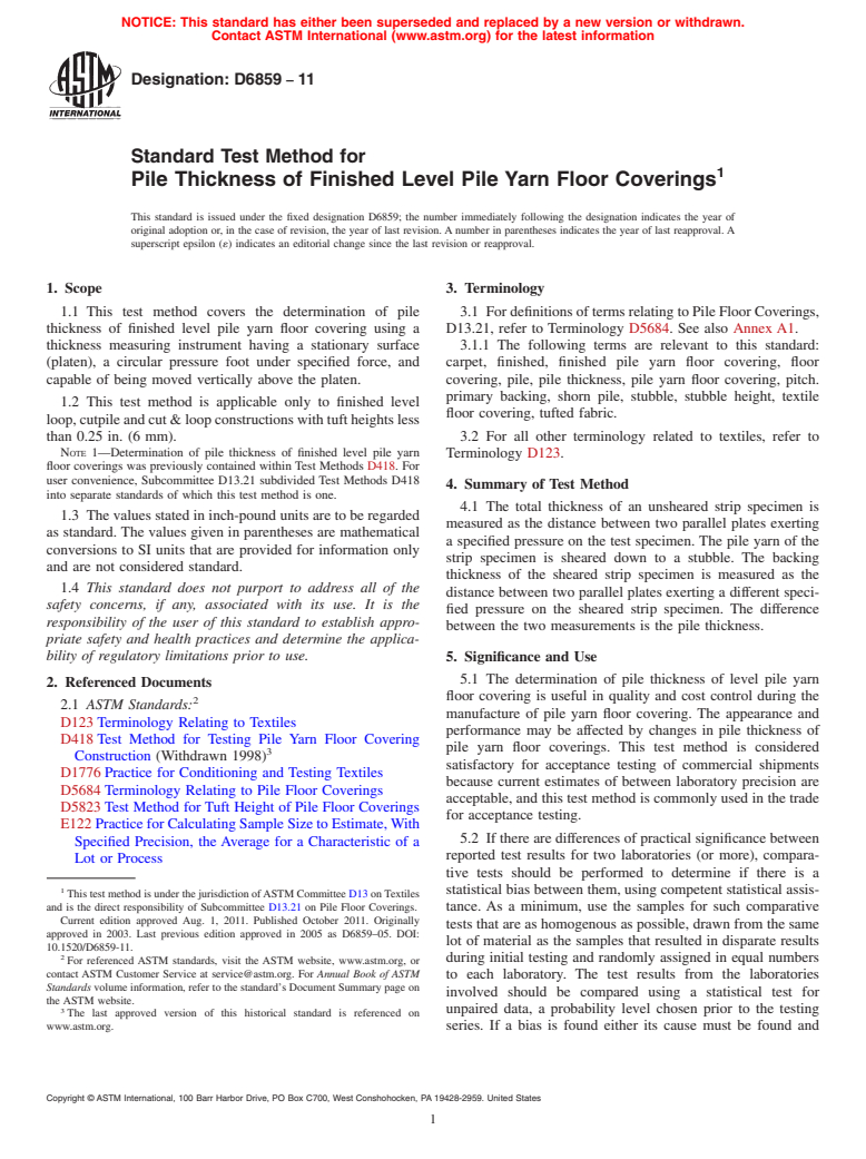 ASTM D6859-11 - Standard Test Method for Pile Thickness of Finished Level Pile Yarn Floor Coverings