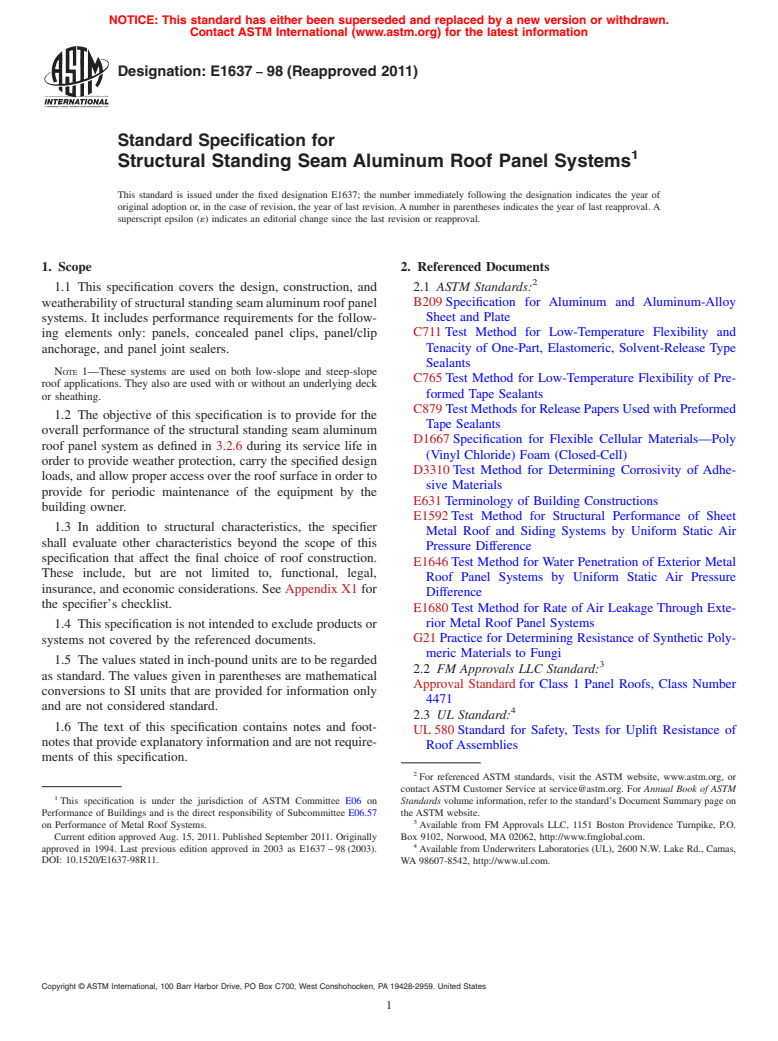 ASTM E1637-98(2011) - Standard Specification for Structural Standing Seam Aluminum Roof Panel Systems