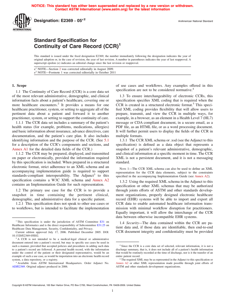 ASTM E2369-05e2 - Standard Specification for Continuity of Care Record (CCR)