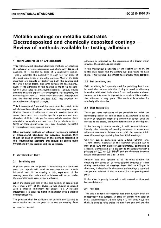ISO 2819:1980 - Metallic coatings on metallic substrates -- Electrodeposited and chemically deposited coatings -- Review of methods available for testing adhesion