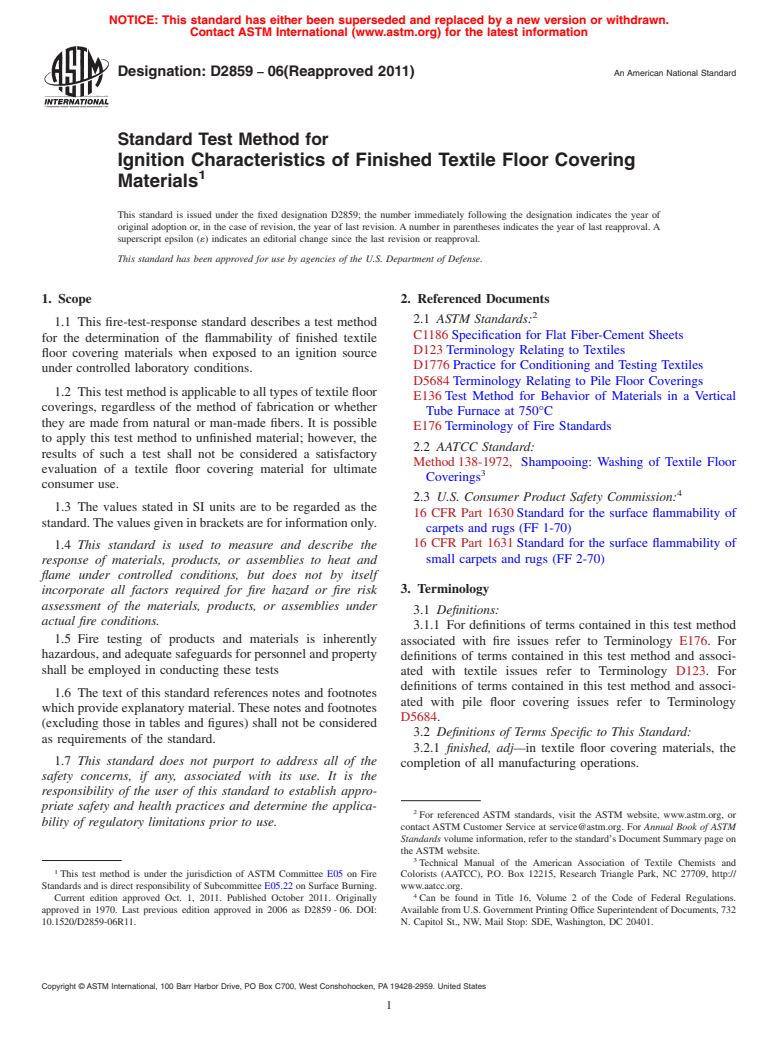 ASTM D2859-06(2011) - Standard Test Method for  Ignition Characteristics of Finished Textile Floor Covering Materials