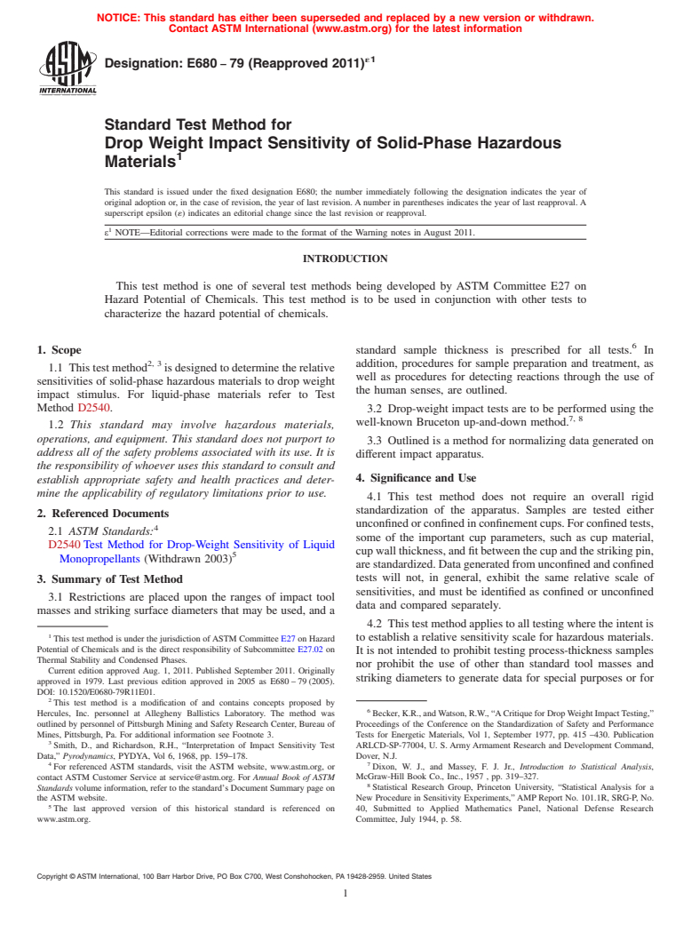 ASTM E680-79(2011)e1 - Standard Test Method for  Drop Weight Impact Sensitivity of Solid-Phase Hazardous Materials