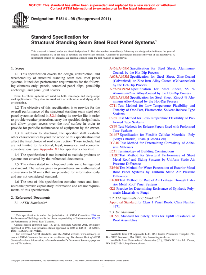 ASTM E1514-98(2011) - Standard Specification for Structural Standing Seam Steel Roof Panel Systems