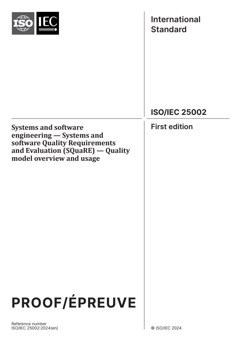 ISO/IEC PRF 25002 - Systems and software engineering — Systems and software Quality Requirements and Evaluation (SQuaRE) — Quality model overview and usage
Released:9. 01. 2024