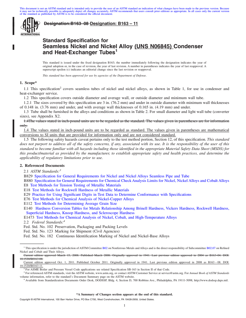 REDLINE ASTM B163-11 - Standard Specification for  Seamless Nickel and Nickel Alloy (UNS N06845) Condenser and Heat-Exchanger Tubes